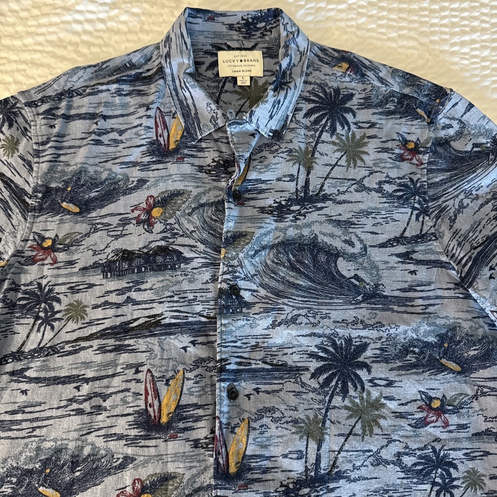 Lucky Brand Shirt Men's Large Blue Floral Beach Linen Blend Tropical Casual